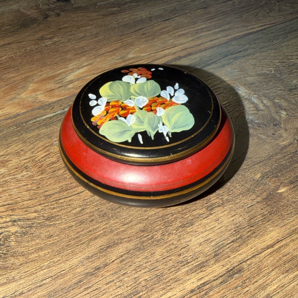 Vtg Small Round Ceramic Trinket Box Black Flowers Hand Painted Portugal